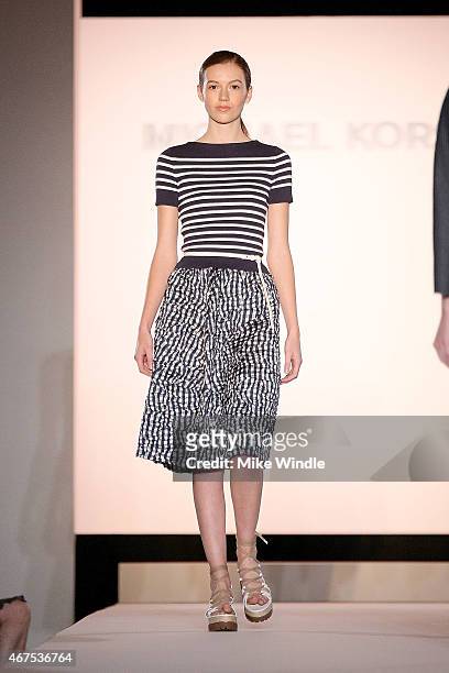 Model walks the runway wearing Michael Kors spring 2015 collection during the Sports Spectacular Luncheon, Benefiting Cedars-Sinai at The Beverly...