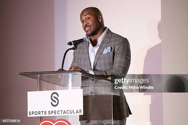 Actor Dolvett Quince speaks onstage during the Sports Spectacular Luncheon, Benefiting Cedars-Sinai at The Beverly Hilton Hotel on March 25, 2015 in...