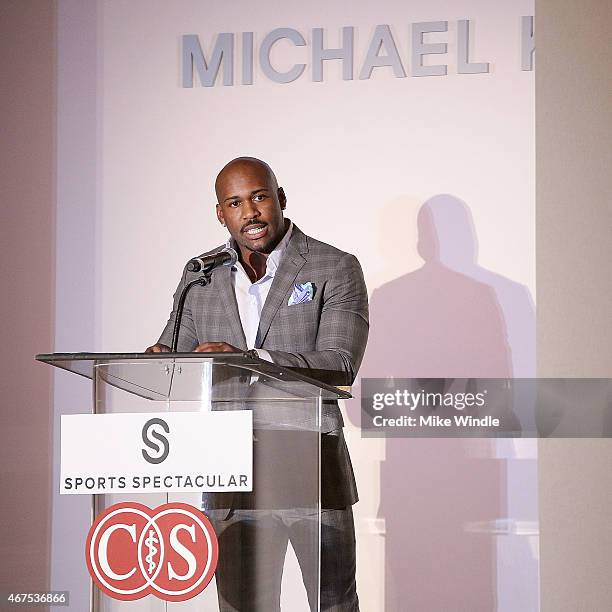 Actor Dolvett Quince speaks onstage during the Sports Spectacular Luncheon, Benefiting Cedars-Sinai at The Beverly Hilton Hotel on March 25, 2015 in...