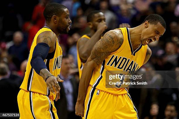 George Hill of the Indiana Pacers reacts after defeating the Washington Wizards at Verizon Center on March 25, 2015 in Washington, DC. The Indiana...