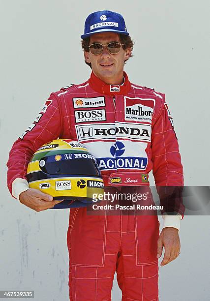 Ayrton Senna of Brazil and driver of the Honda Marlboro McLaren McLaren MP4/6B Honda V12 poses for a portrait during practice for the Yellow Pages...