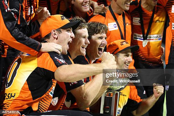 The Scorchers celebrate after defeating the Hurricanes during the Big Bash League Final match between the Perth Scorchers and the Hobart Hurricanes...