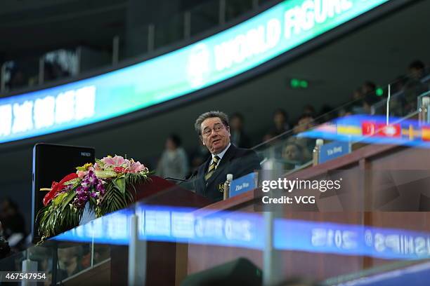 President of International Skating Union Ottavio Cinquanta attends the opening ceremony of 2015 Shanghai World Figure Skating Championships at...