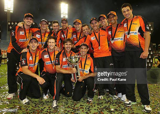 The Scorchers celebrate winning the Big Bash League Final match between the Perth Scorchers and the Hobart Hurricanes at the WACA on February 7, 2014...