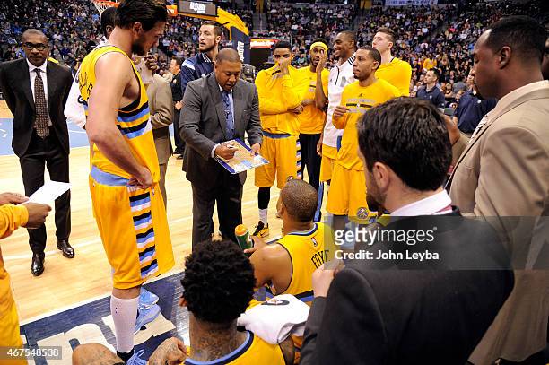 Denver Nuggets head coach Melvin Hunt talks to the the team during a timeout agains the Philadelphia 76ers March 25, 2015 at Pepsi Center.