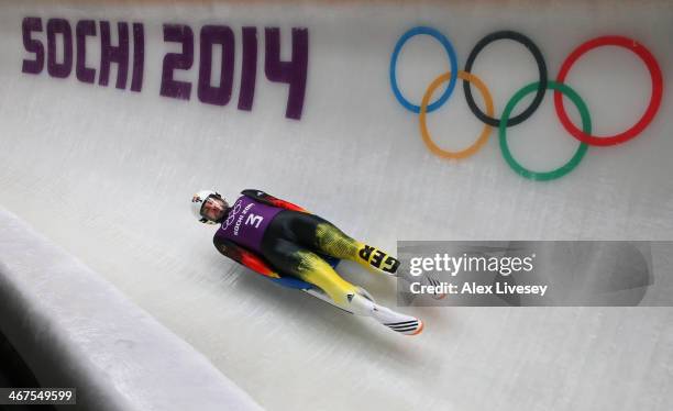 Andi Langenhan of Germany in action during a Men's Singles Luge training session ahead of the Sochi 2014 Winter Olympics at the Sanki Sliding Center...