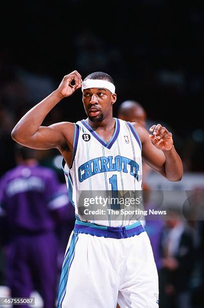 Baron Davis of the Charlotte Hornets during the game against the Chicago Bulls on March 15, 2000 at Charlotte Coliseum in Charlotte, North Carolina.