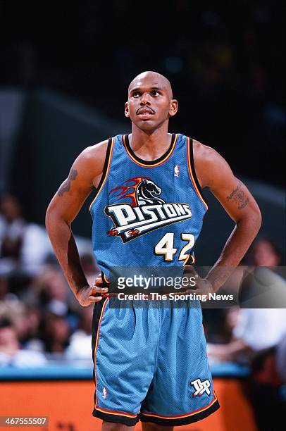 Jerry Stackhouse of the Detroit Pistons during the game against the Charlotte Hornets on November 17, 2000 at Charlotte Coliseum in Charlotte, North...