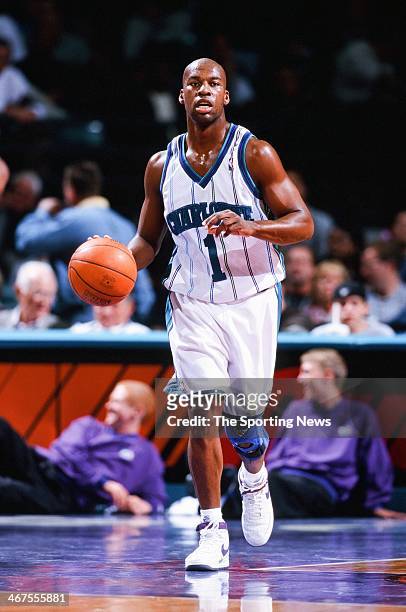 Baron Davis of the Charlotte Hornets during the game against the Denver Nuggets on December 10, 1999 at Charlotte Coliseum in Charlotte, North...