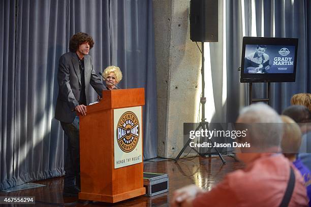 Joshua Martin, son of Grady Martin, speaks after Country Music Hall of Fame Member Brenda Lee announces newcomers into the Hall of Fame during the...