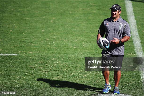 Junior Warriors coach Stacey Jones looks on during a New Zealand Warriors NRL training session at Mt Smart Stadium on March 26, 2015 in Auckland, New...