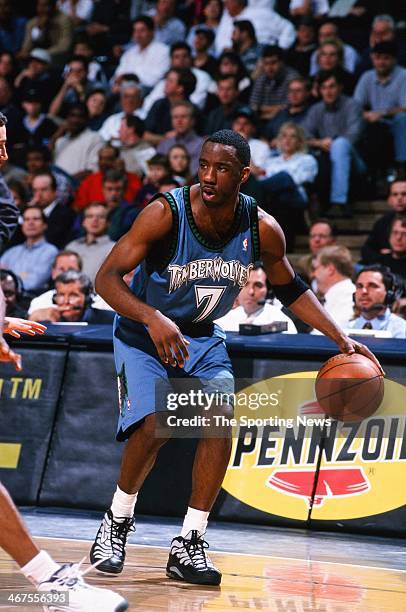 Terrell Brandon of the Minnesota Timberwolves moves the ball during the game against the Houston Rockets on January 25, 2000 at Compaq Center in...