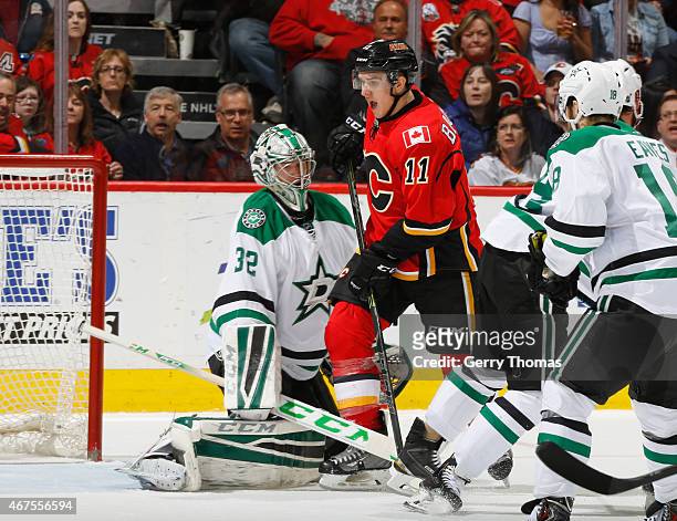 Mikael Backlund of the Calgary Flames is stopped by Kari Lehtonen of the Dallas Stars at Scotiabank Saddledome on March 25, 2015 in Calgary, Alberta,...