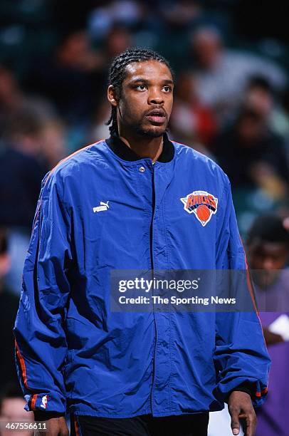 Latrell Sprewell of the New York Knicks during the game against the Charlotte Hornets on February 7, 2000 at Charlotte Coliseum in Charlotte, North...