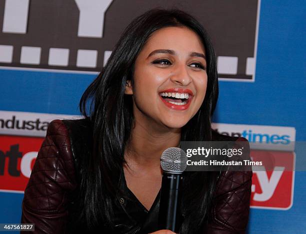 Indian Bollywood actor Parineeti Chopra during promotion of her upcoming movie Hasee Toh Phasee at HT House on February 4, 2014 in New Delhi, India....