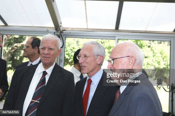 At a ceremony to re-nominate Professor Stanley Fischer to a second term as Governor of the Bank of Israel, he poses with former bank governors Dr...