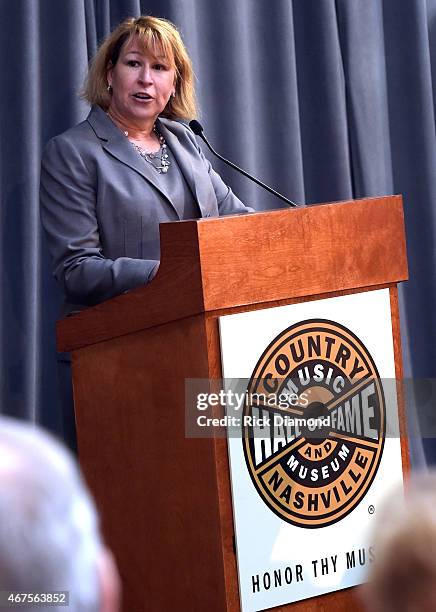 Sarah Trahern, CMA/CEO during the CMA Announcement that JIM ED BROWN and THE BROWNS, GRADY MARTIN and THE OAK RIDGE BOYS are the NEWEST MEMBERS OF...