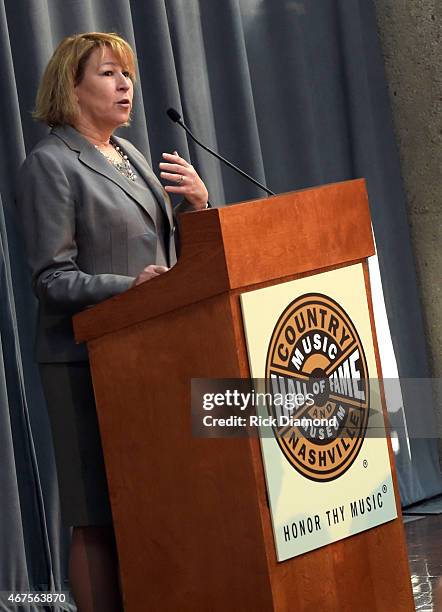 Sarah Trahern, CMA/CEO during the CMA Announcement that JIM ED BROWN and THE BROWNS, GRADY MARTIN and THE OAK RIDGE BOYS are the NEWEST MEMBERS OF...