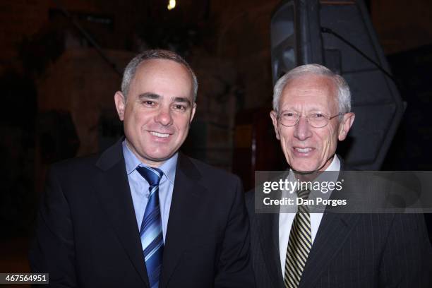 Portrait of Finance Minister Yuval Steinitz and Governor of the Bank of Israel Professor Stanley Fischer as they pose together at a Bank of Israel...