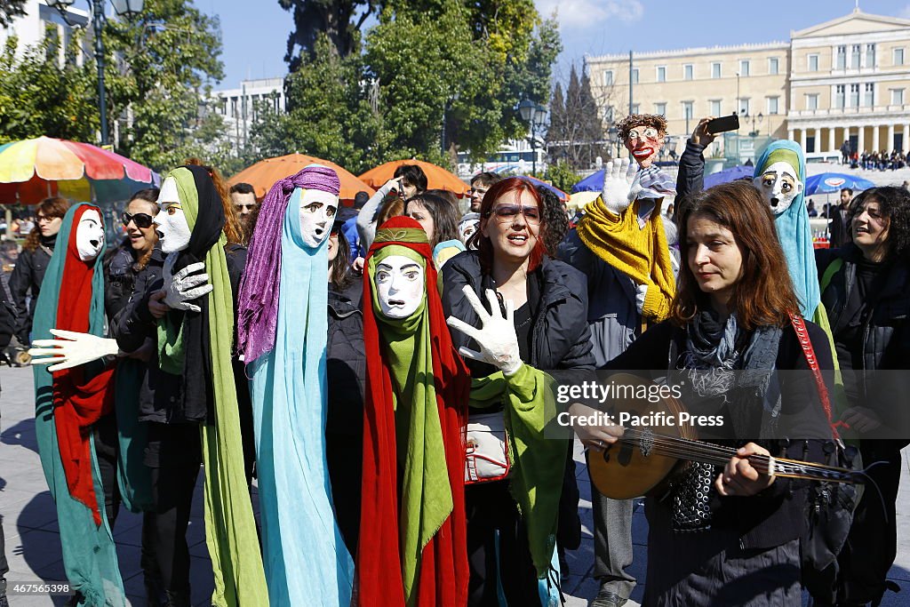 Puppets perform on Syntagma Square. Puppets and their...