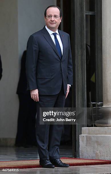 French President Francois Hollande is waiting for King Philippe of Belgium and Queen Mathilde of Belgium during their one day official visit in Paris...