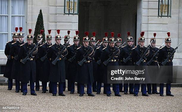 The french National Guard honors the arrivals of King Philippe of Belgium and Queen Mathilde of Belgium during their one day official visit in Paris...