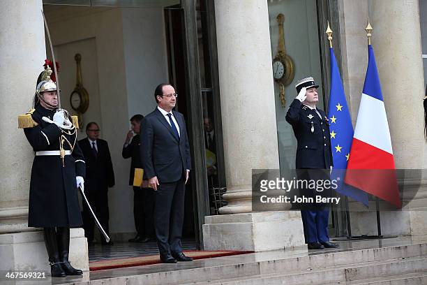 French President Francois Hollande is waiting for King Philippe of Belgium and Queen Mathilde of Belgium during their one day official visit in Paris...