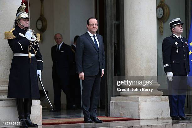 French President Francois Hollande is waiting for King Philippe of Belgium and Queen Mathilde of Belgium during their one day official visit in Paris...