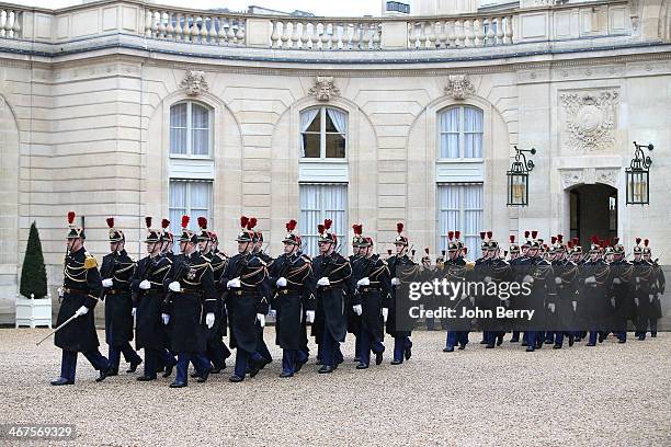 The french National Guard honors the arrivals of King Philippe of Belgium and Queen Mathilde of Belgium during their one day official visit in Paris...