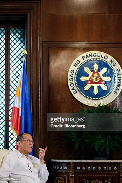 Benigno Aquino, the Philippines' president, gestures as he speaks during a Bloomberg Television interview at the Malacanang Palace compound in...