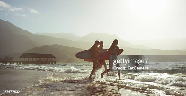 friends going surfing - north shore stock pictures, royalty-free photos & images