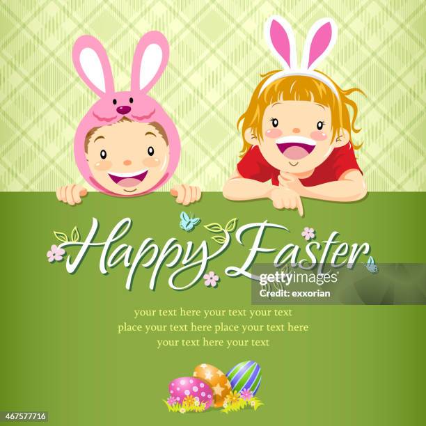 kids paying easter egg hunt notice - easter bunny costume stock illustrations