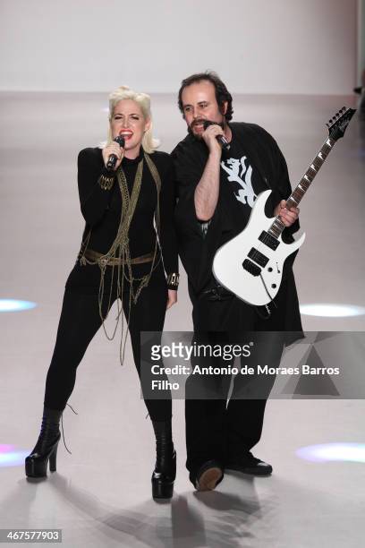 Designers Estel Day and Mark Tango pose on runway during the Mark And Steel fall 2014 fashion show on February 6, 2014 in New York City.