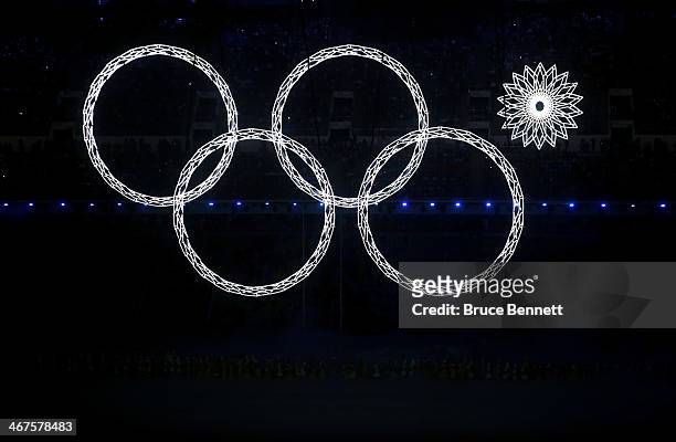 Snowflakes transform into four Olympic rings with one failing to form during the Opening Ceremony of the Sochi 2014 Winter Olympics at Fisht Olympic...