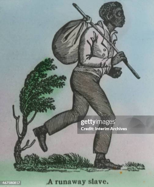 Glass lantern slide illustration depicts a fugitive slave, early to mid nineteenth century.