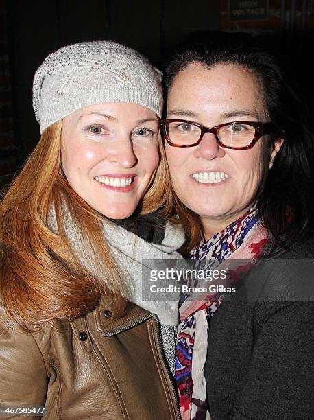 Michelle Rounds and wife Rosie O'Donnell pose backstage at the hit musical "Kinky Boots" on Broadway at The Hirshfeld Theater on February 6, 2014 in...