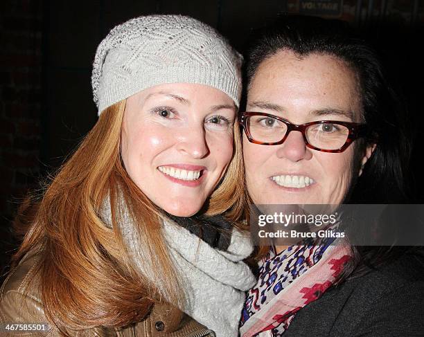 Michelle Rounds and wife Rosie O'Donnell pose backstage at the hit musical "Kinky Boots" on Broadway at The Hirshfeld Theater on February 6, 2014 in...