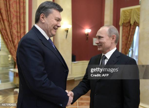 Russia's President Vladimir Putin shakes hands with his Ukrainian counterpart Viktor Yanukovych before the official reception held on behalf of...