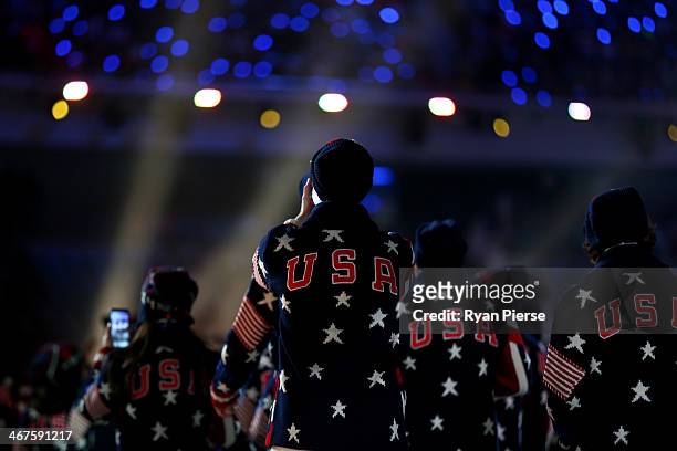 The United States Olympic team enters the stadium during the Opening Ceremony of the Sochi 2014 Winter Olympics at Fisht Olympic Stadium on February...