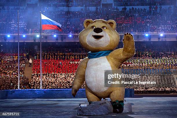 Olympic mascots the Polar Bear waves during the Opening Ceremony of the Sochi 2014 Winter Olympics at Fisht Olympic Stadium on February 7, 2014 in...