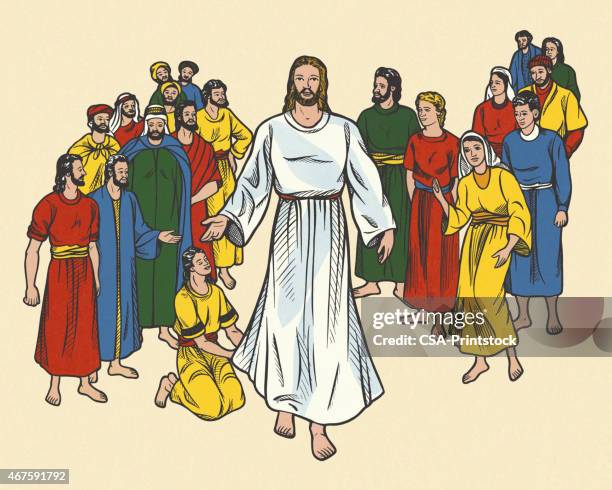 ilustrações, clipart, desenhos animados e ícones de jesus entre um grupo de pessoas - worshipper