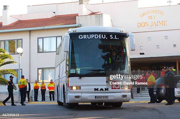 Realtives of passengers of the Germanwings airliner that crashed in the French Alps leave the Gran Hotel Rey Don Jaime towards Barcelona El Prat...