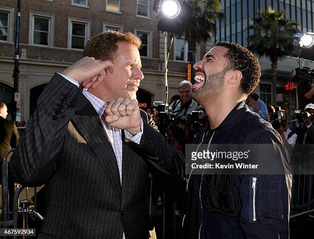 Actor Will Farrell and rapper Drake arrive at the premiere of Warner Bros. Pictures' "Get Hard' at the Chinese Theatre on March 25, 2015 in Los...