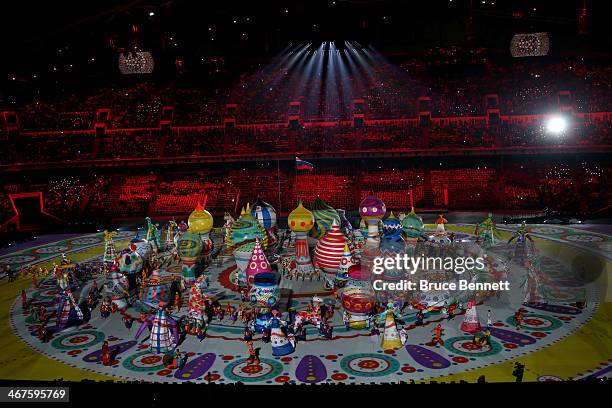 Dancers perform with inflated objects during the Opening Ceremony of the Sochi 2014 Winter Olympics at Fisht Olympic Stadium on February 7, 2014 in...
