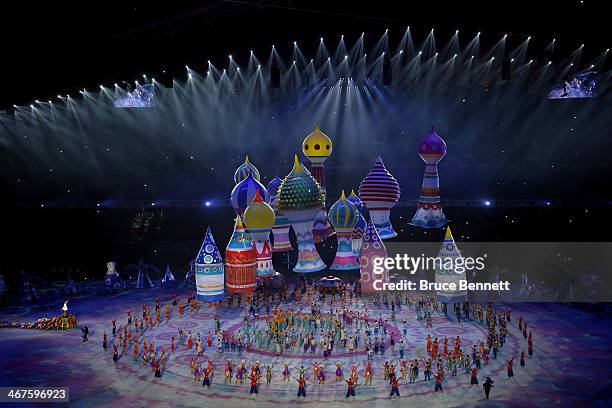 Dancers perform with inflated objects during the Opening Ceremony of the Sochi 2014 Winter Olympics at Fisht Olympic Stadium on February 7, 2014 in...