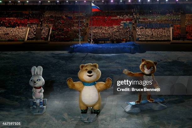 Olympic mascots the Hare, the Polar Bear and the Leopard wave during the Opening Ceremony of the Sochi 2014 Winter Olympics at Fisht Olympic Stadium...