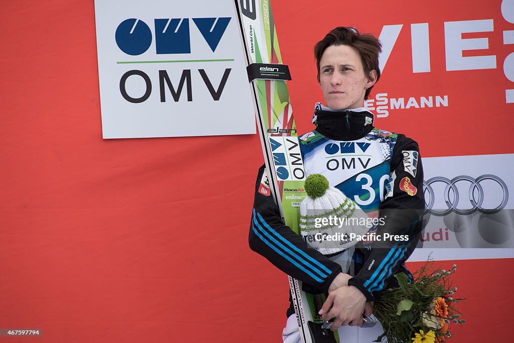 Peter Prevc of Slovenia celebrating his second place at FIS...