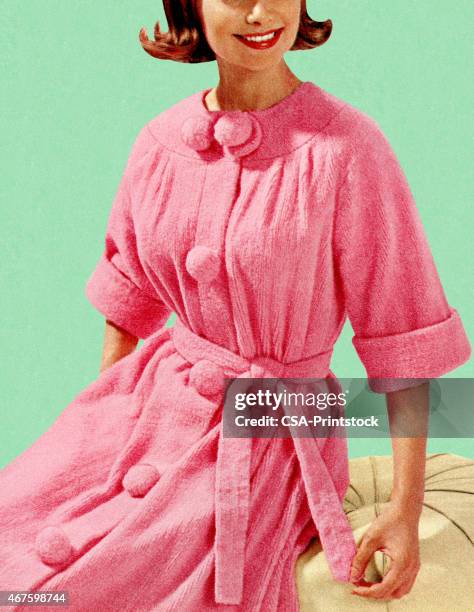 woman sitting in pink robe - bathrobe stock illustrations