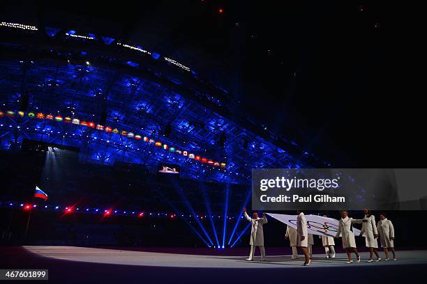 Olympic flag bearers Chulpan Khamatova, Lidiya Skoblikova, Anastasia Popova, Valentina Tereshkova, Vyacheslav Fetisov, Valeriy Gergiev, Alan Enileev...