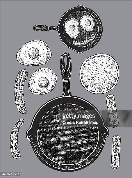 stockillustraties, clipart, cartoons en iconen met frying pan - bacon, eggs, pancakes, sausage - pannenkoeken